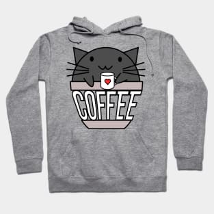 Happy cat in coffee cup holding a cup with warped text black Hoodie